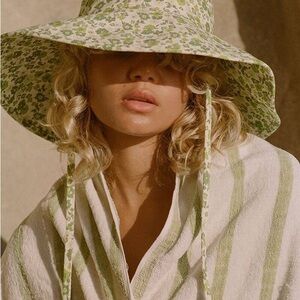 Lack Of Color Green Floral Wide Brim Bucket Hat with Chin Ties